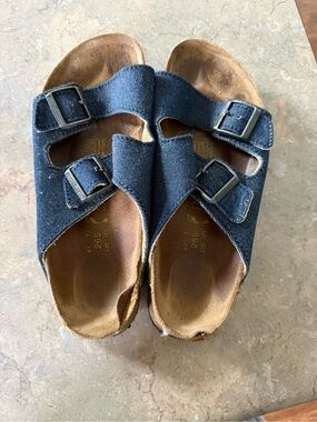 Birkenstock Denim Double Strap Slide Sandals - Dark Blue